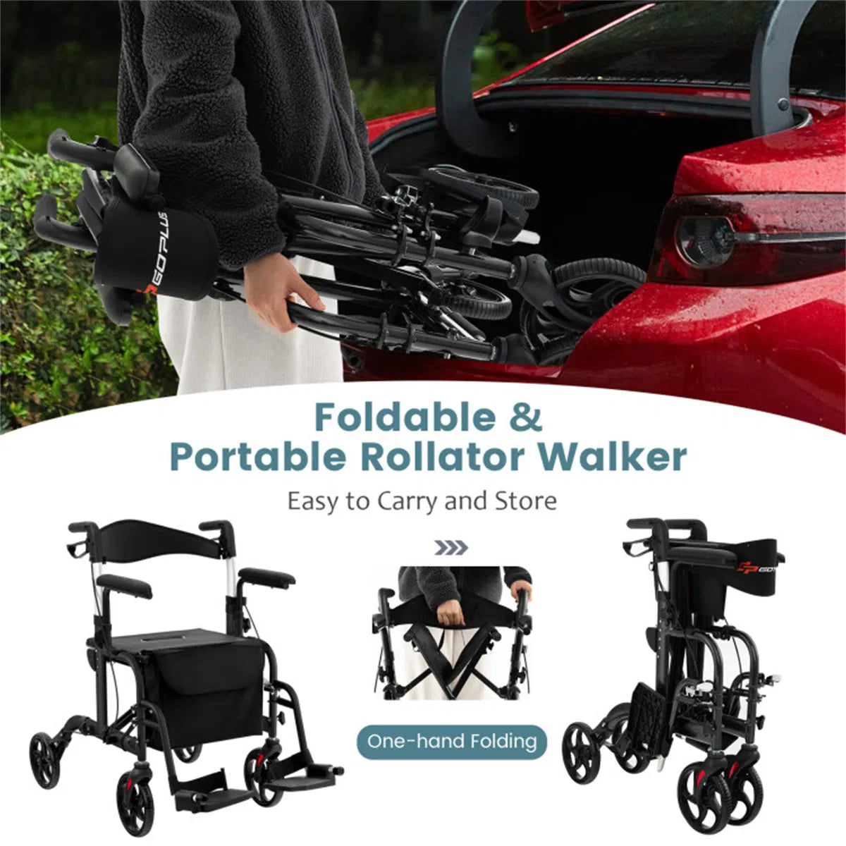 2-en-1 Walker roulant et fauteuil roulant (300lbs): poignées réglables à 6 niveaux