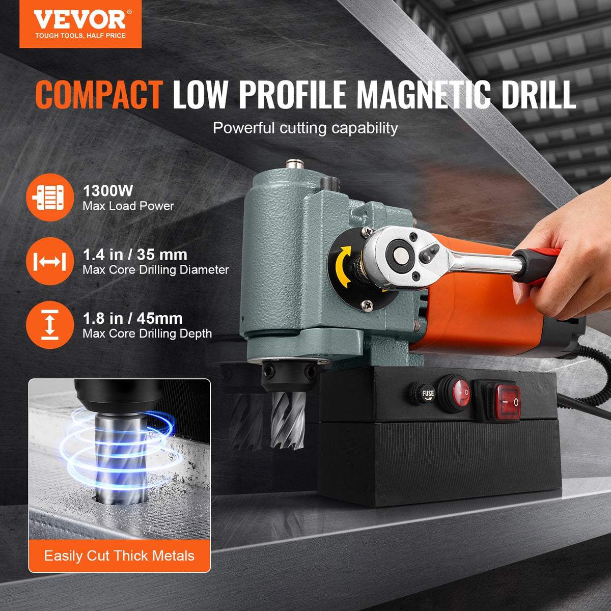 Perceuse magnétique 1300W à faible profil Mag Perceuse légère poids portable