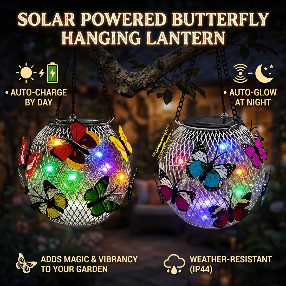 2pcs Hanging Butterfly Pendant Solar Power LED Light Mesh Orb Yard Garden Decor