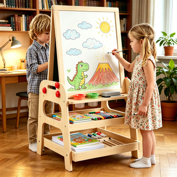 2-en-1 en bois enfants Art Easel avec la course en marbre