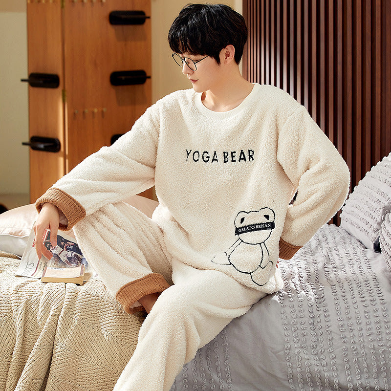 Pyjamas de velours de corail d'hiver hommes thicken thermique pullover rond cou Flannel maison porter