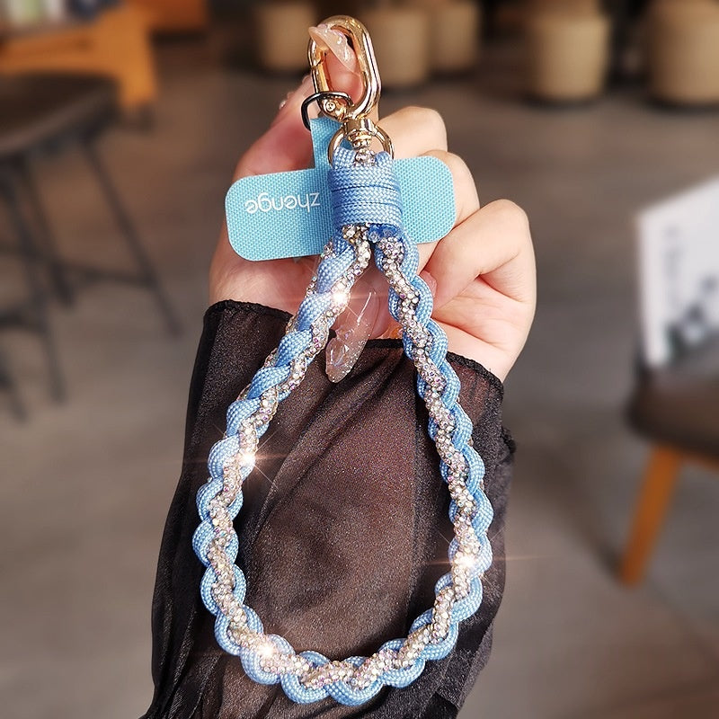 Étui téléphonique tressé bicolore à diamants complets Lanyard