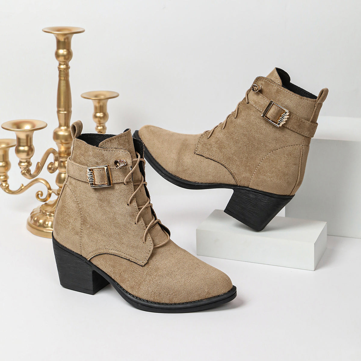 Femmes Vintage Khaki Nubuck Dentelle Up Ankle Bottes en métal Buckle Chunky Talon Western Cowgirl