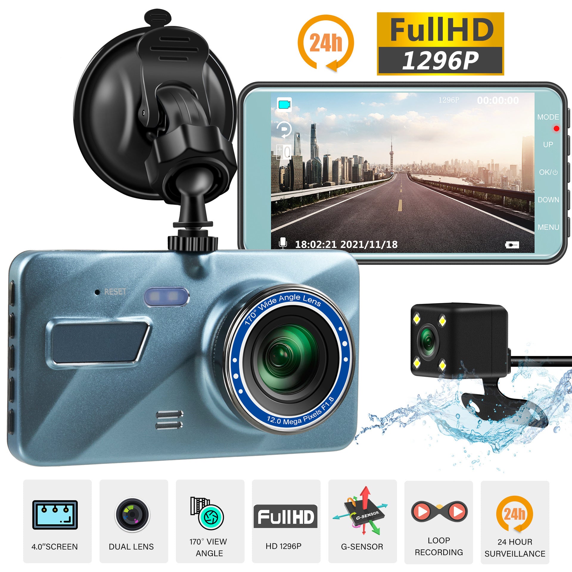 4 pouces alliage de zinc apparence enregistreur de conduite double objectif 1080p