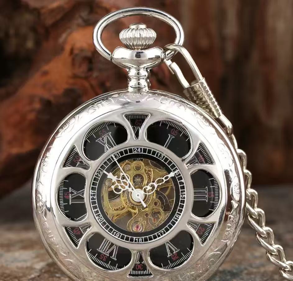 Montre de poche mécanique Pétale bleue noire