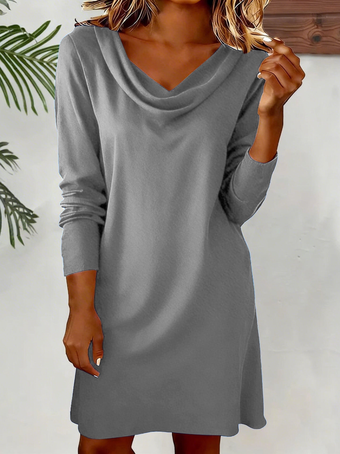 Robe à manches longues pour femme à col de bateau de couleur unie