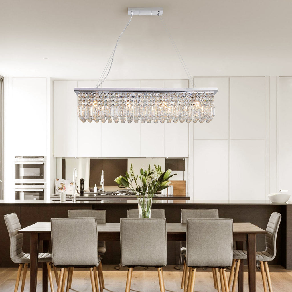 Lustre en cristal moderne pour salle à manger Rectangle blanc 8 lumières Raindrop Lustre Cont