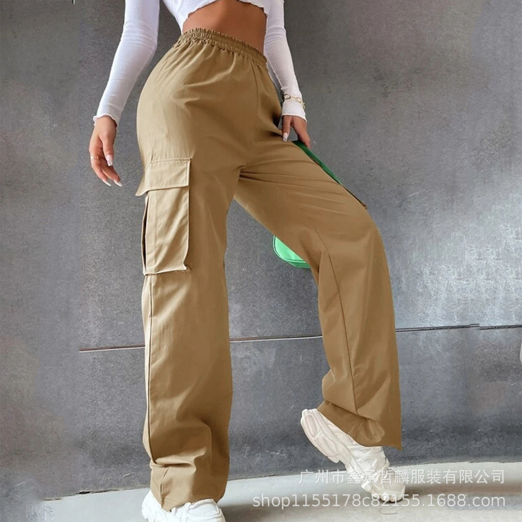 Haute taille large jambe droite jambe libre extérieur Casual Multi Pocket vêtements de travail pantalons