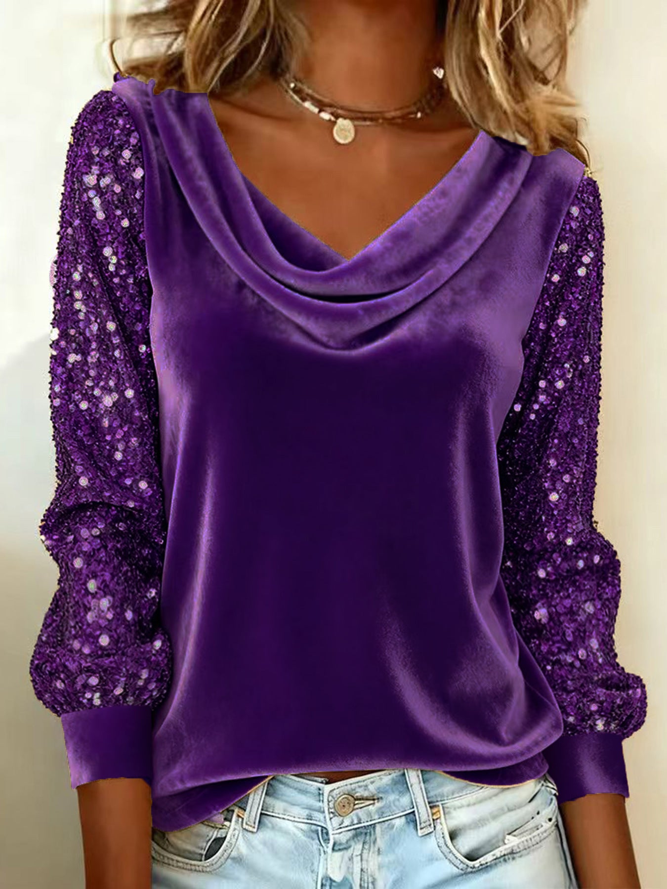 La mode européenne et américano-stylée Velvet Collin Ruffled Sequin Patchwork Long-Sl
