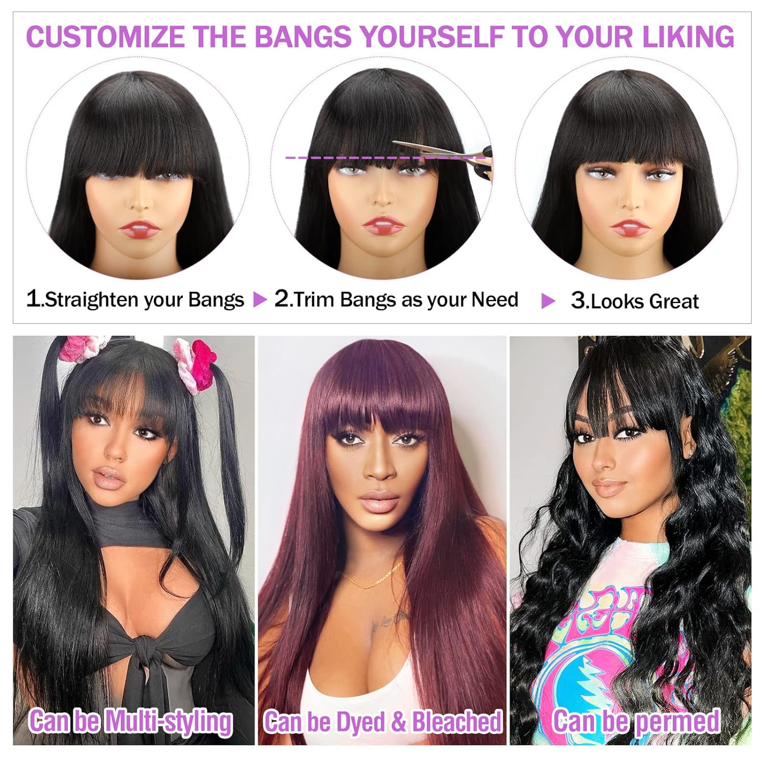 Perruque droite de cheveux humains faite à la machine avec des bangs