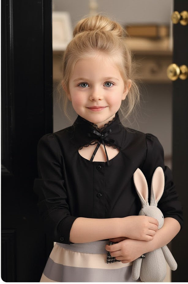 Filles Coton Noir Manches longues Printemps Été Top Vintage Chemise 3-5Y