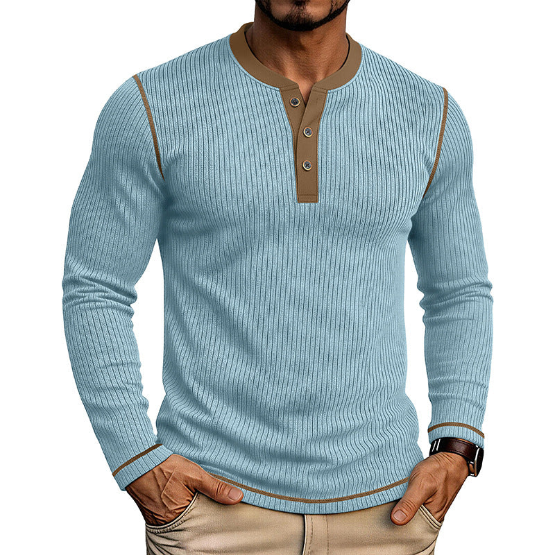 T-shirt manches longues pour hommes avec un chandail Henley bloqué en couleur