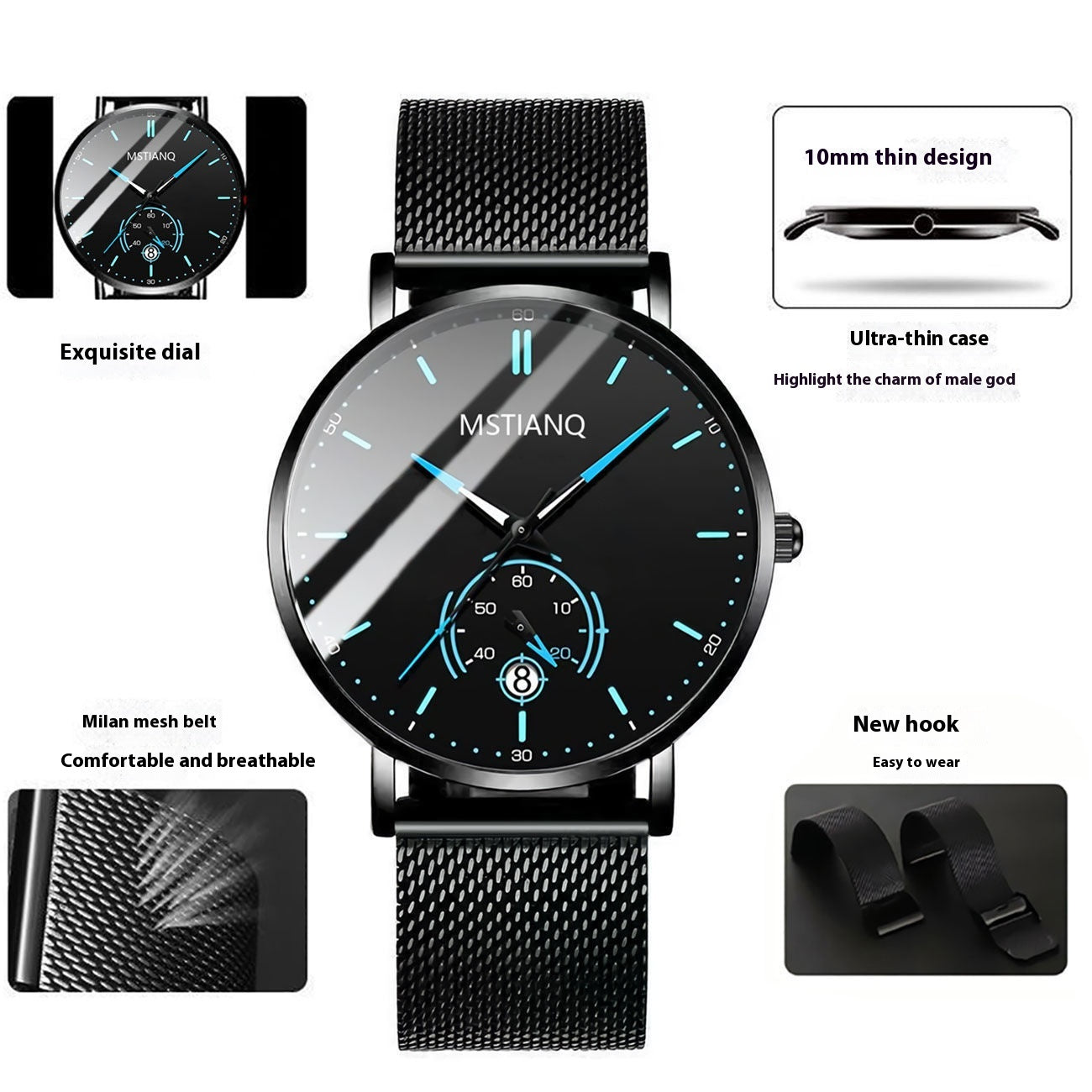 Trade Watch Stylish Black Technology Ceinture en acier raffiné calendrier casual coréen