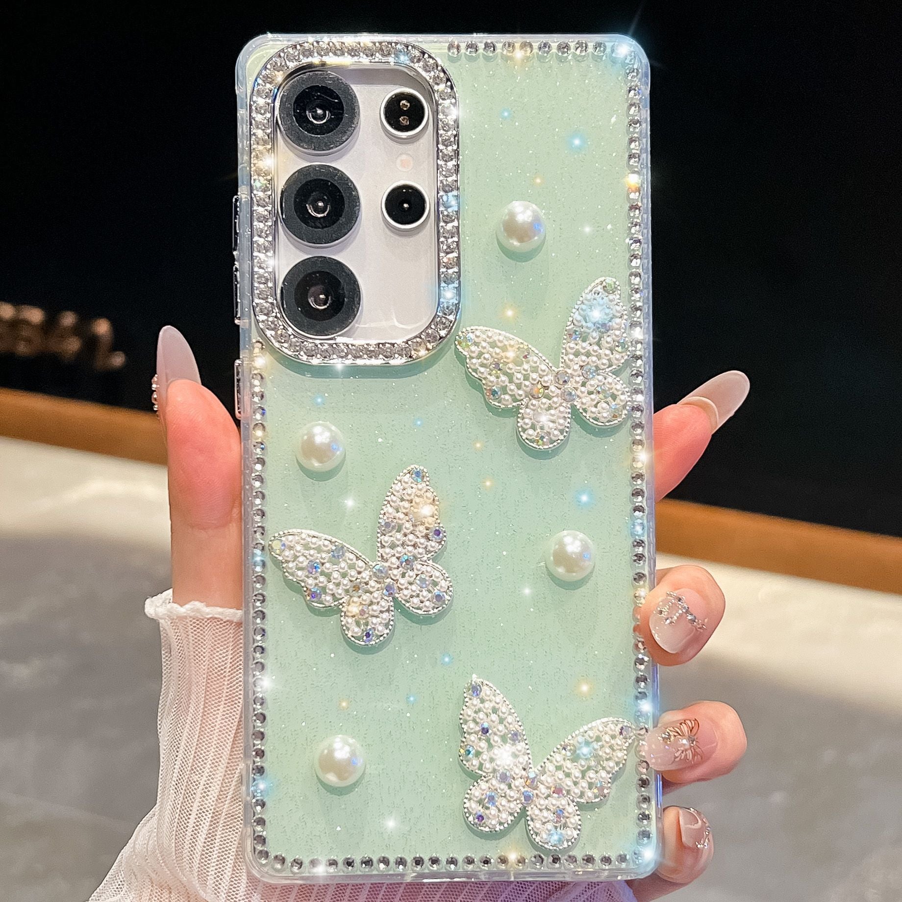 Glitter Powder Pearl Butterfly Style Coque téléphonique avec Strass