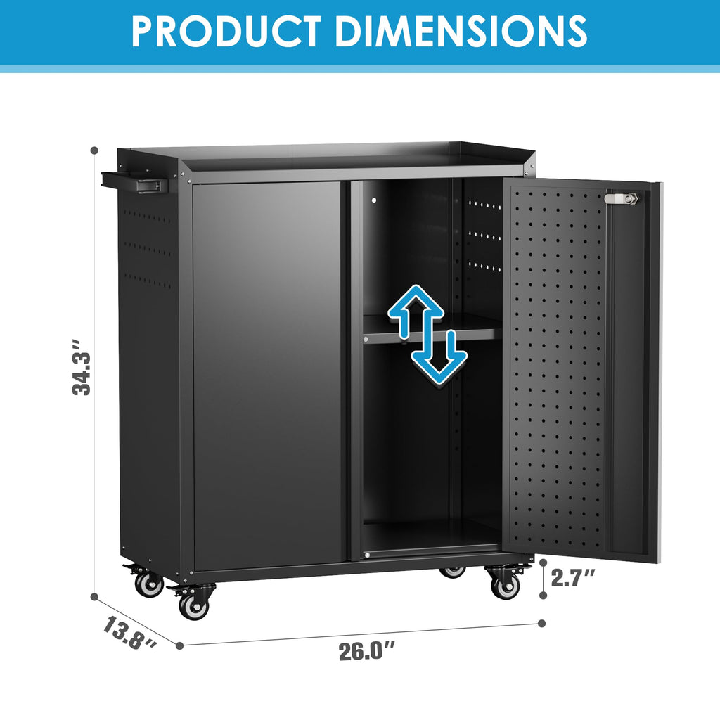 Armoire de rangement en métal avec roues enroulement Armoire de rangement avec 2 portes et Shel réglable