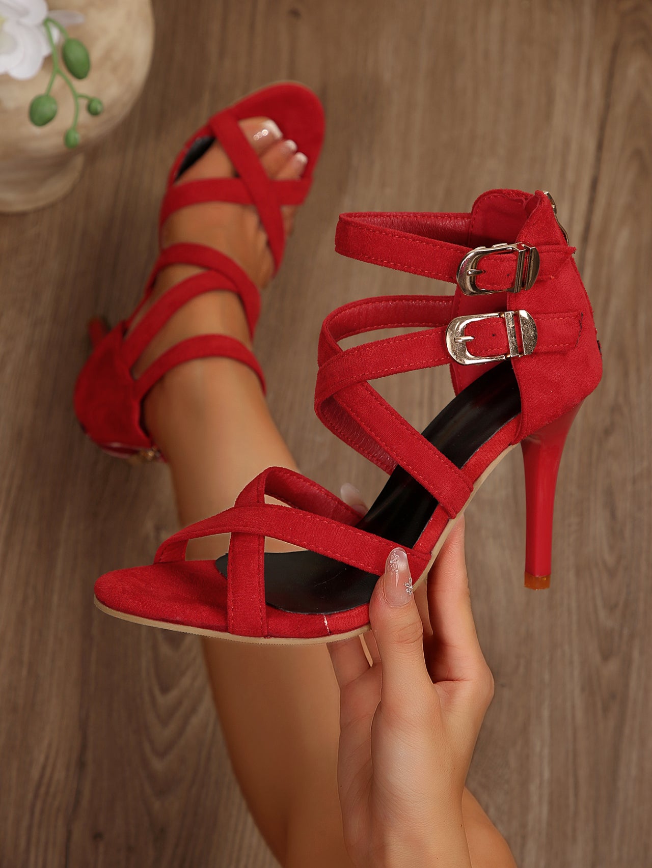 Buckle Sexy Peep Toe Mode Outdoor Banquet Party Multi Strap Cross Solid Color Summer Wo