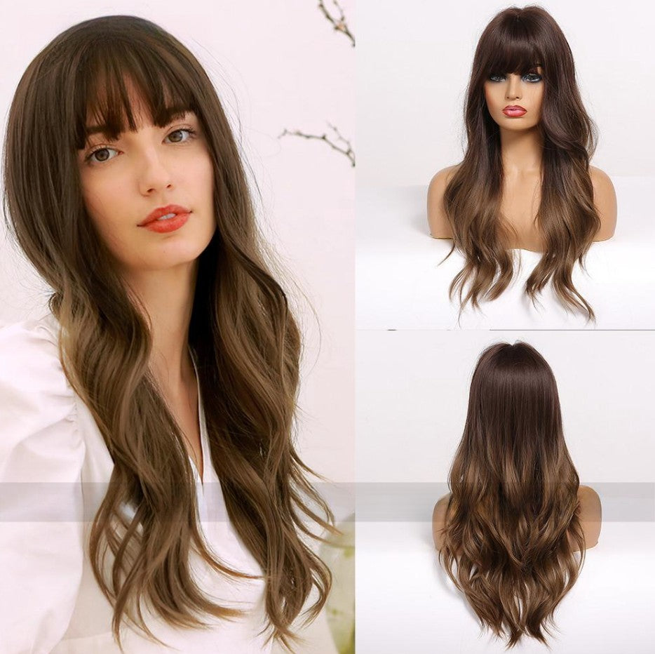 Femmes Black Brown Bangs Long Curly Wig