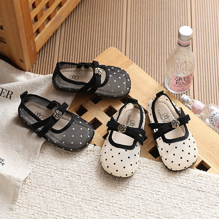 INS French Style Polka Dot Mesh Flats Summer Korean Girls Flower Princess Sandals Match Dr