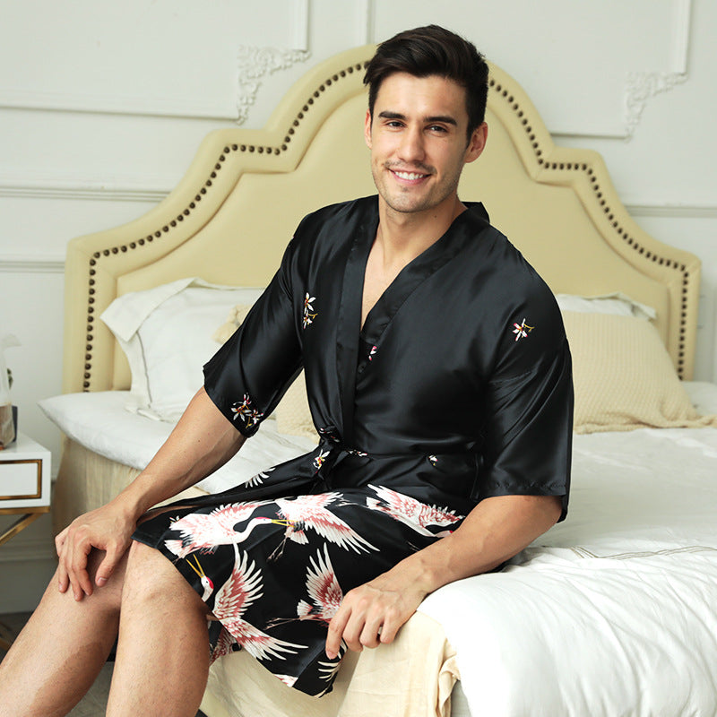 Mi-long Imprimé artificielle soie chemise de nuit homme Groom Best Man Morning Gowns Sexy Pajam