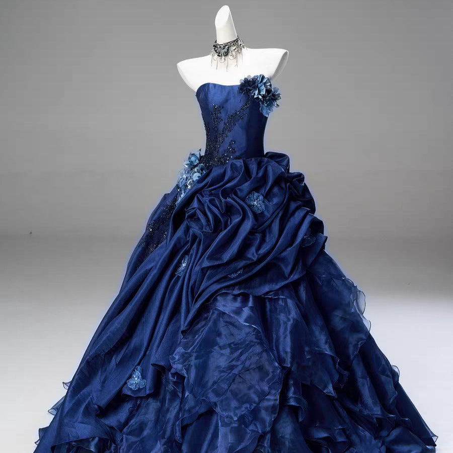 Blue High-end Intricately Embellished Strapless Ball Gown Pour les événements et les banquets du soir