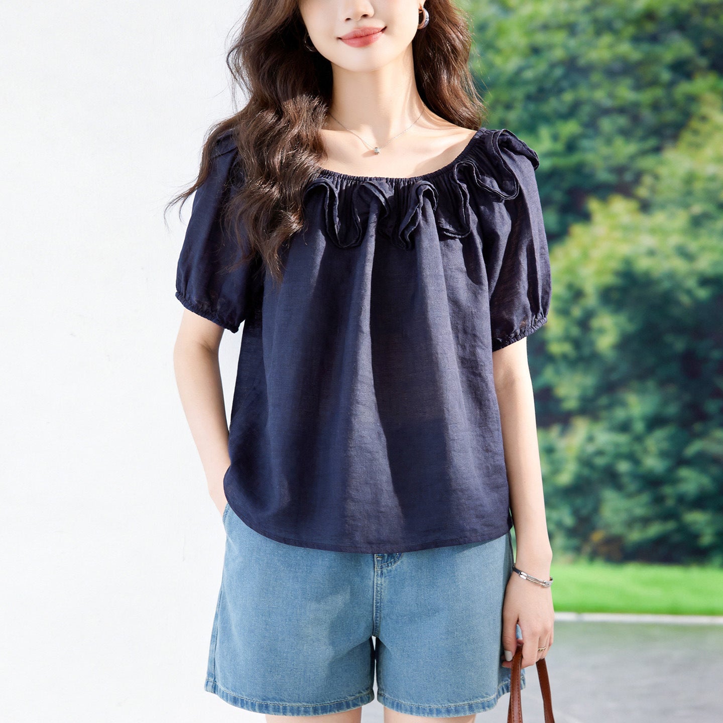 Ruffle-trimmed Off-shoulder Short-sleeve Blouse For Women