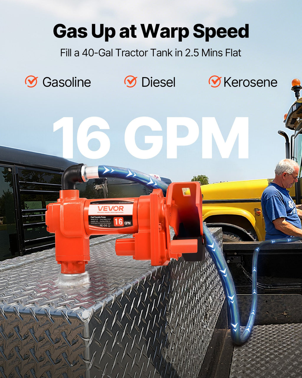 Pompe de transfert de carburant 12V DC 16 GPM avec tuyau et buse pour diesel d'essence