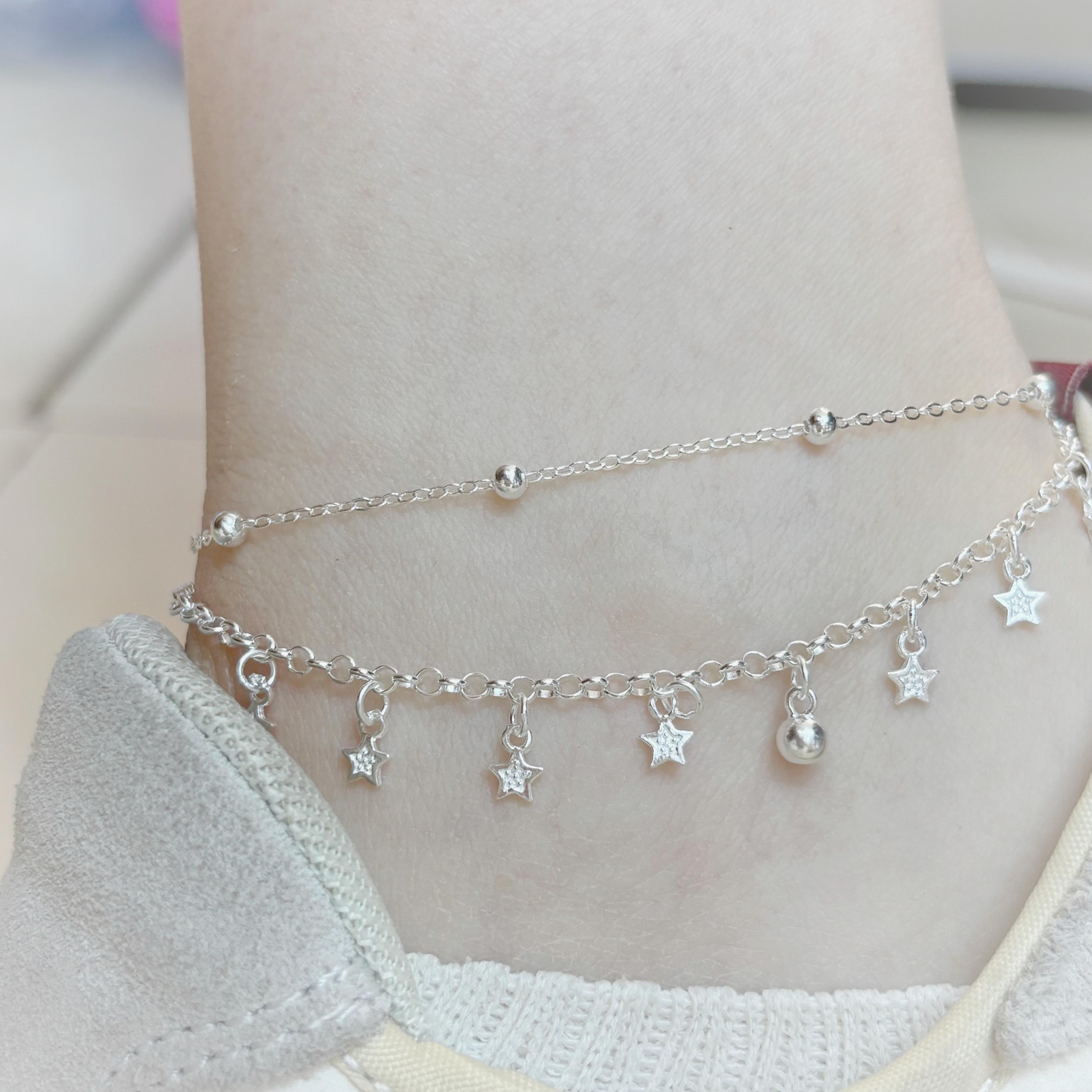 1pc 999 Argent Sterling Double-Layer Star & Perle Anklet