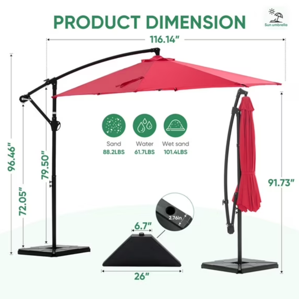 Parapluie extérieur de patio suspendu de 10 pieds avec support de base roté et tilt