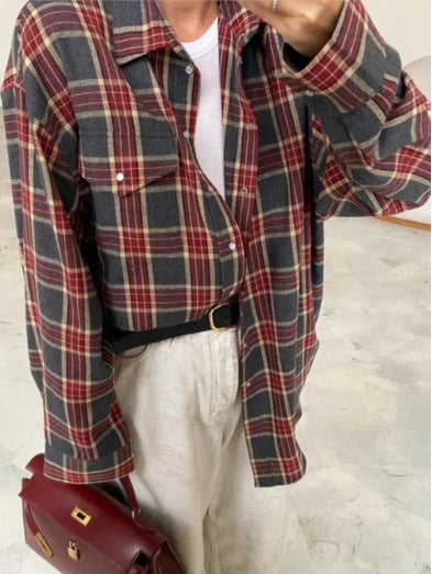 Chemise pour femme d'Amazon Ozon Style rétro enroulé Printemps Automne Hiver Plaid Poche à manches longues