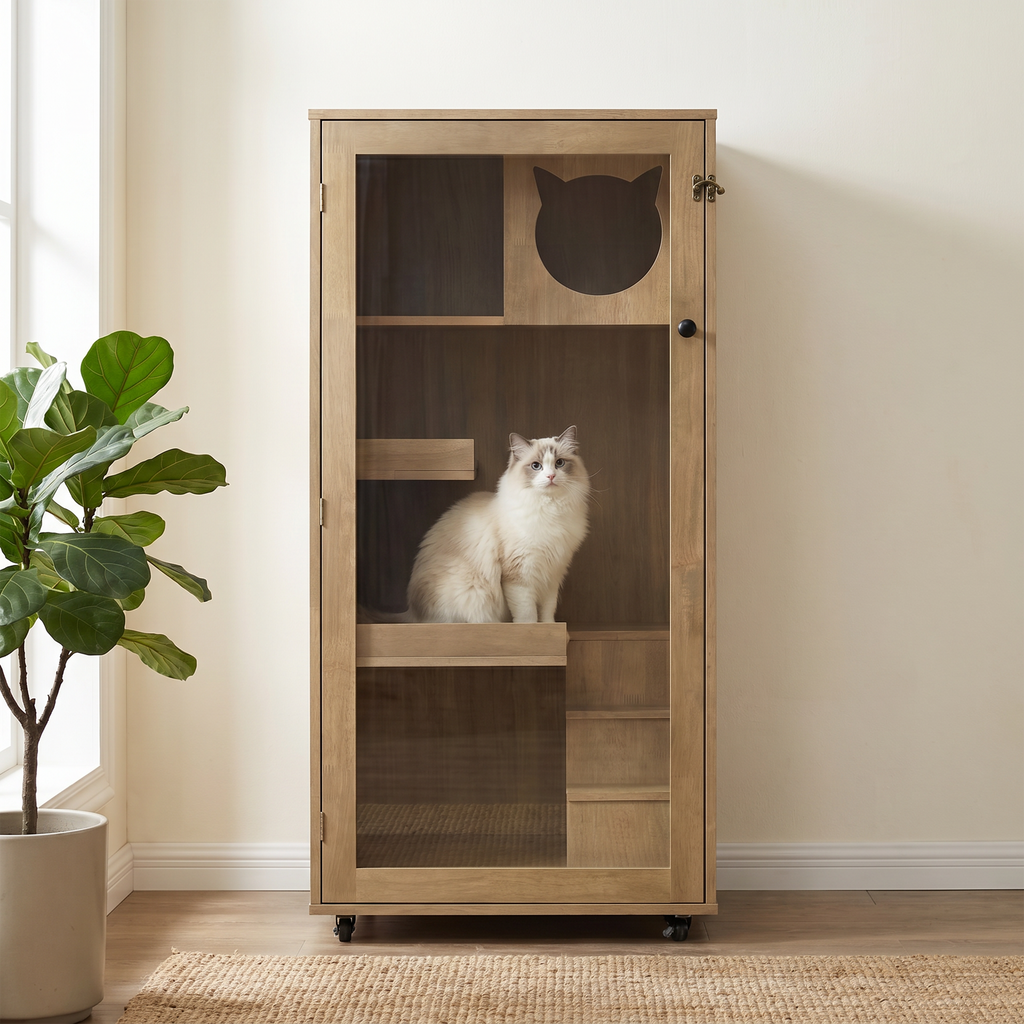 Armoire de chat en bois de caoutchouc Basia avec roues