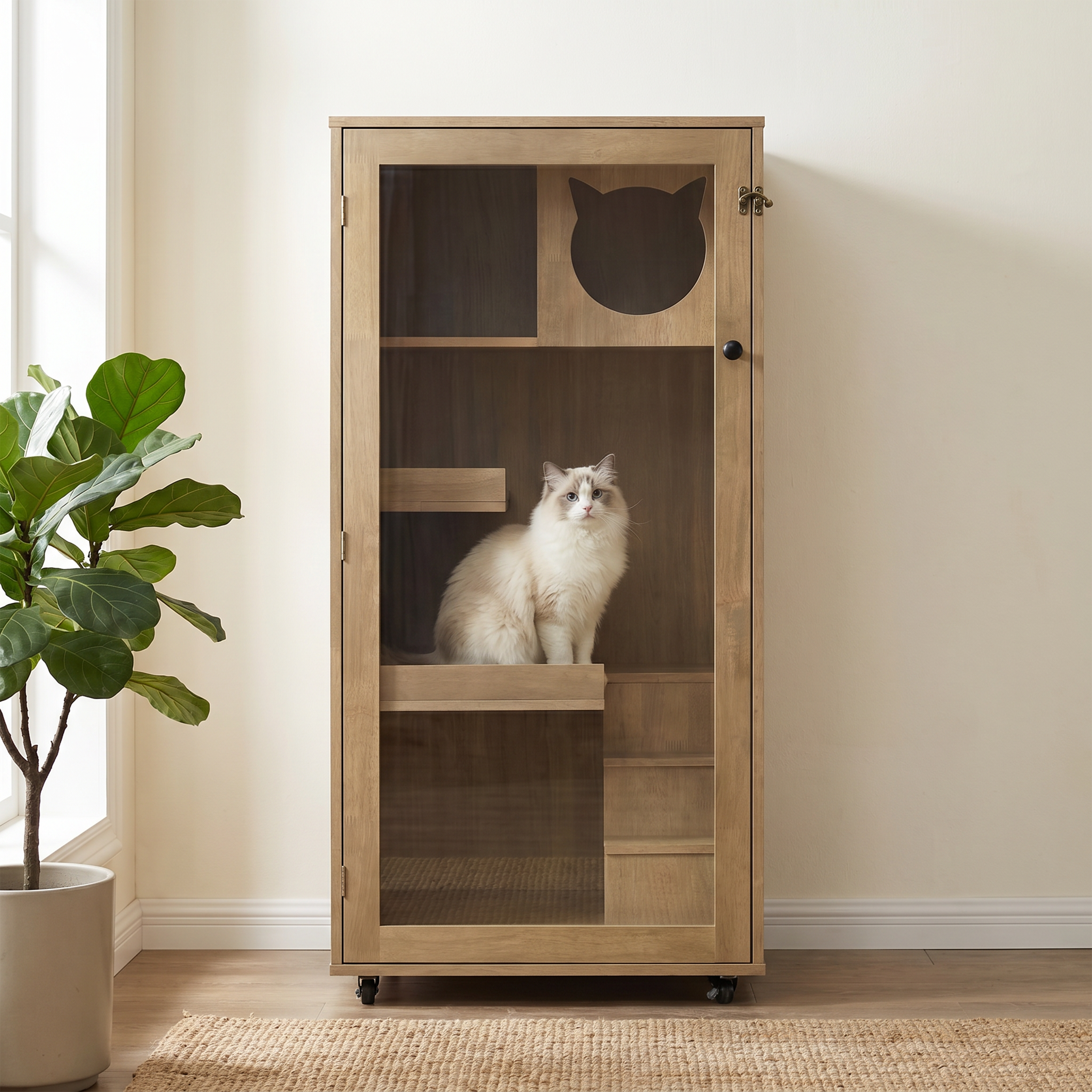 Armoire de chat en bois de caoutchouc Basia avec roues