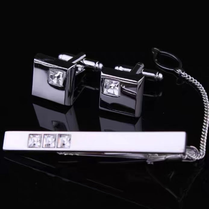 Robe pour homme Chemise en strass incrustée Argent Boutons de manchette Clip 3 pièces