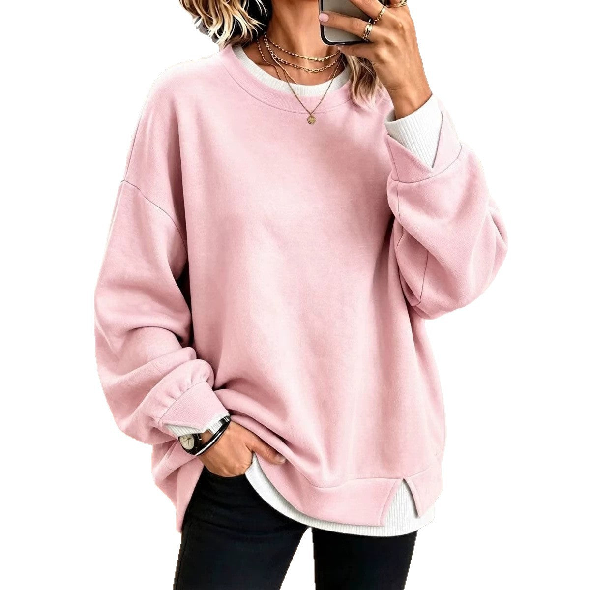Col rond Patchwork à manches longues Pullover Sweatshirt de couleur unie