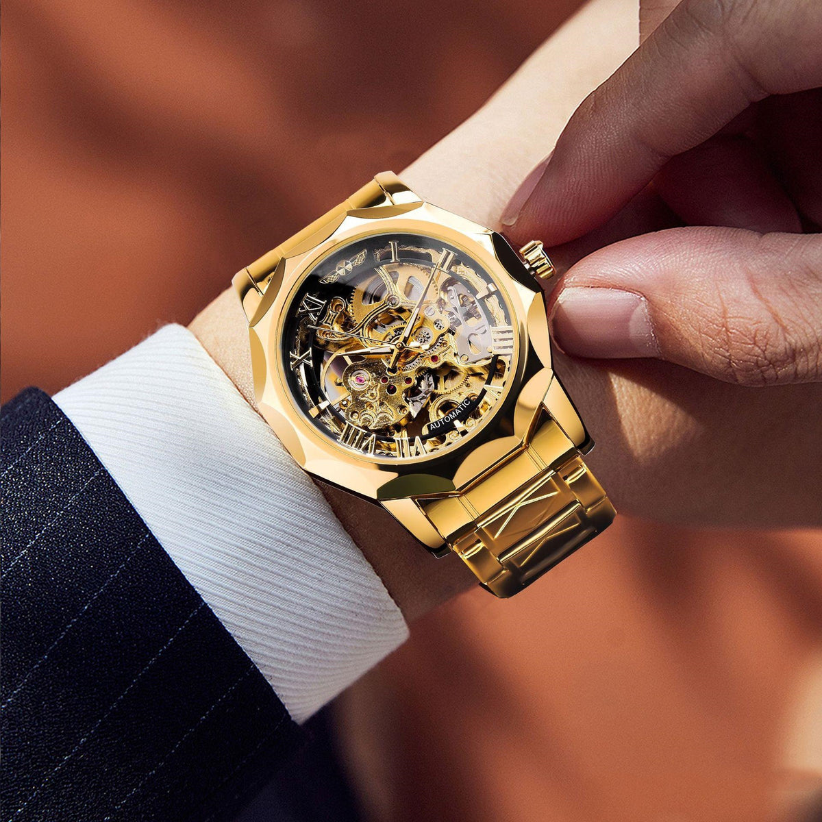 Rétro montre mécanique de luxe lumineuse pour homme