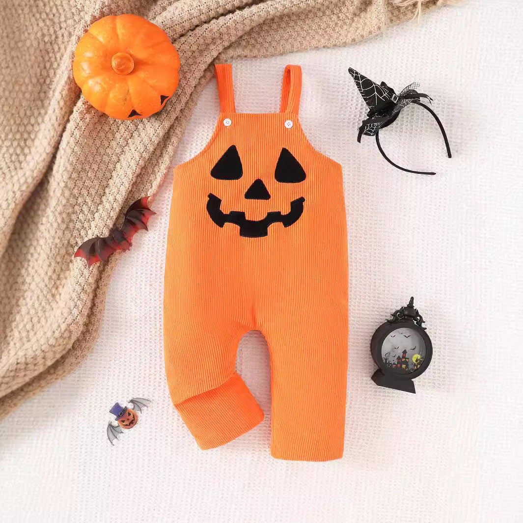 Pantalons en Suspender Corduroy Brodé Grimace de bébé d'Halloween