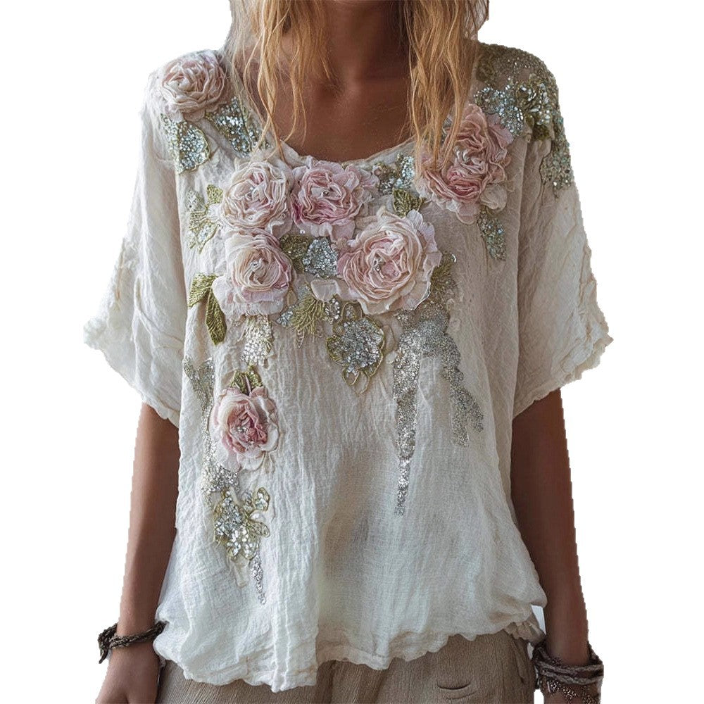 Top femme à manches courtes avec faux design Jacquard