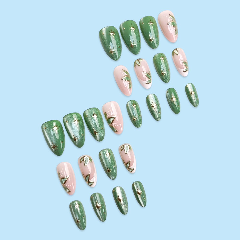 Short 24-pièces en forme d'amande Nail White Edge Faux Nails de style français avec oeil de chat