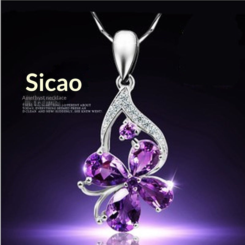 925 Sterling Silver Purple Diamond Butterfly Pendant Korean Style Necklace