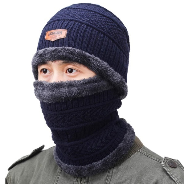 Chapeau d'hiver Protection de l'oreille chaude des hommes Chapeau tricoté en polaire Écharpe épaissée Ensemble de deux pièces