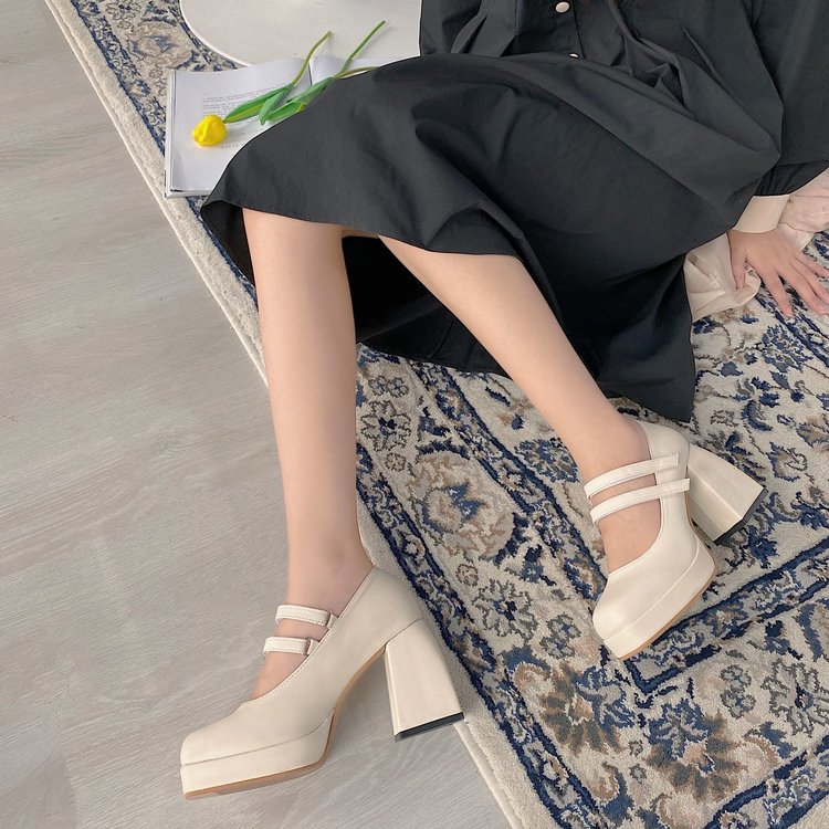Femmes Double Strap Mary Jane Pompes Rond Toe Platform Block Talon PU Robe Chaussures