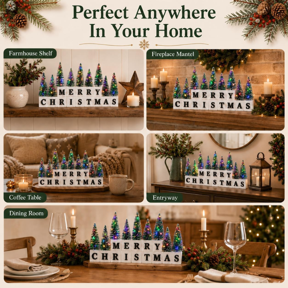 Décor de table de Noël avec mini arbres lumineux multicolores et lettres 3D en bois Noël S