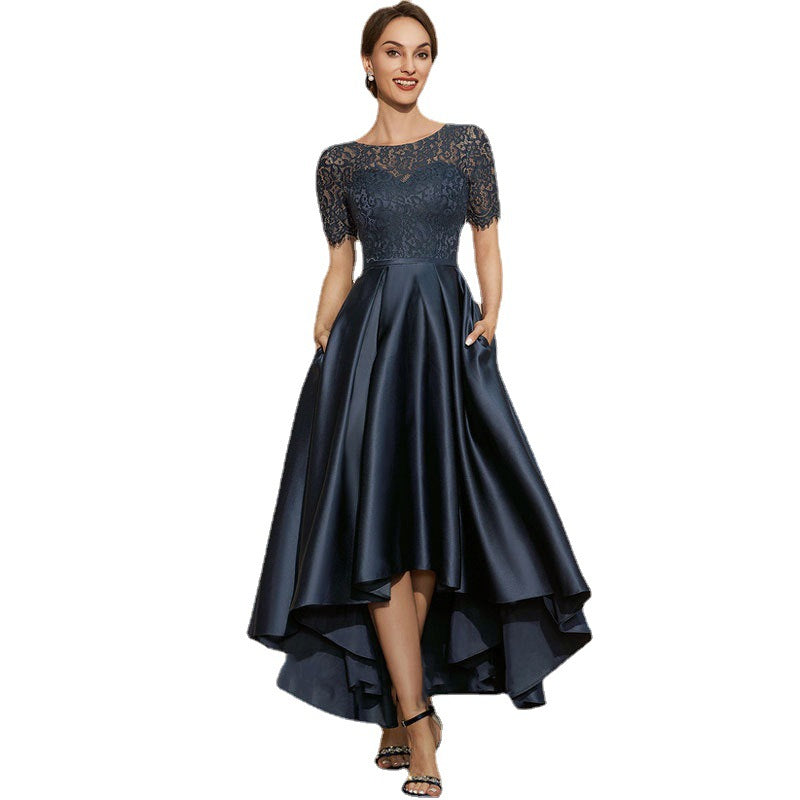 Navy blue satin lace short-sleeved dress