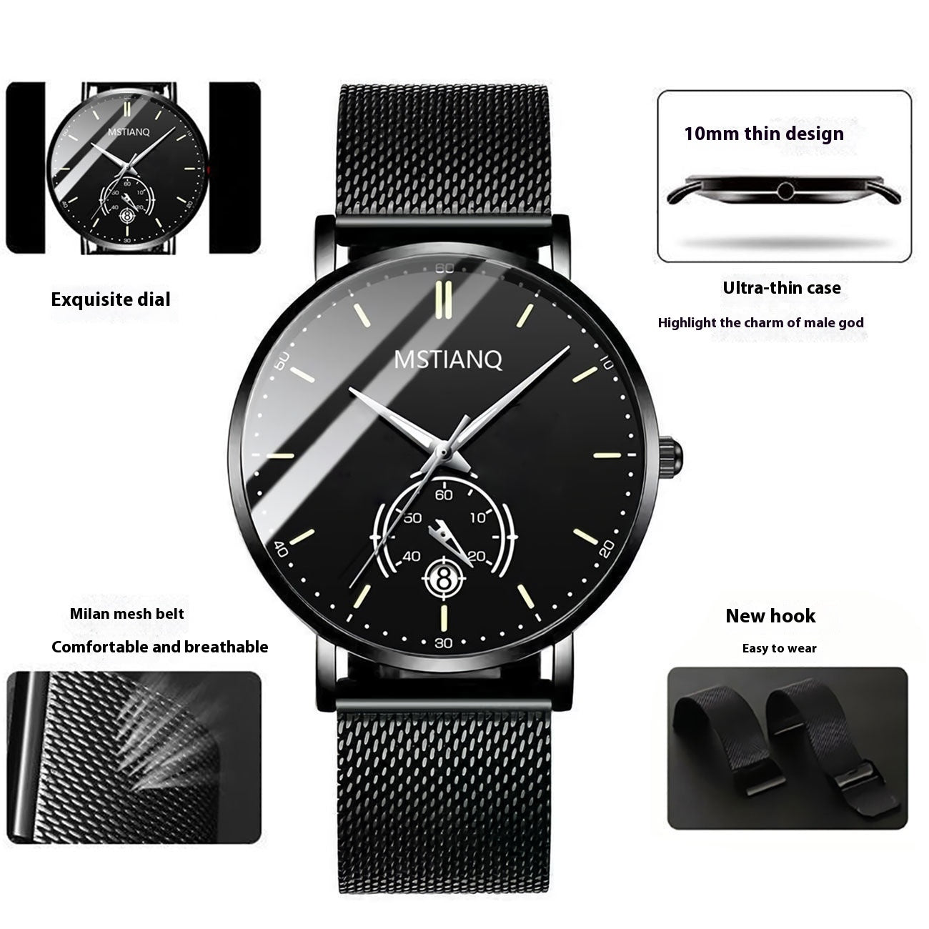 Trade Watch Stylish Black Technology Ceinture en acier raffiné calendrier casual coréen