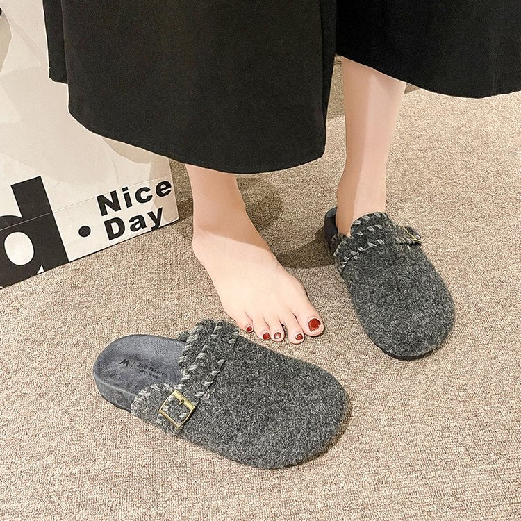 Femmes Laine de base épaisse Birken demi-paquet Pantoufles Buckle Strap Feutre Suede chaud Furry Coton