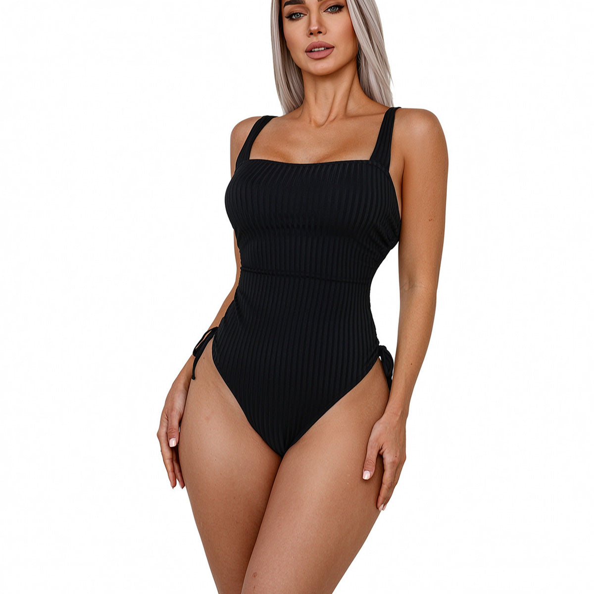 Cou carré côtelé Une pièce maillot de bain pour les femmes