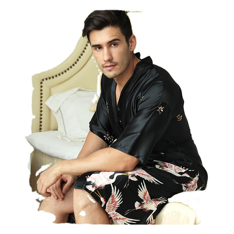 Mi-long Imprimé artificielle soie chemise de nuit homme Groom Best Man Morning Gowns Sexy Pajam