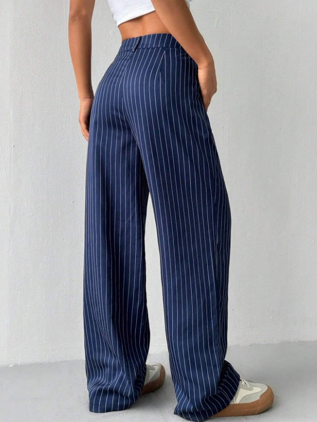 Madame Blue Striped European and American Casual Shimuting Loose Large-Leg Casual Pantalons Trou
