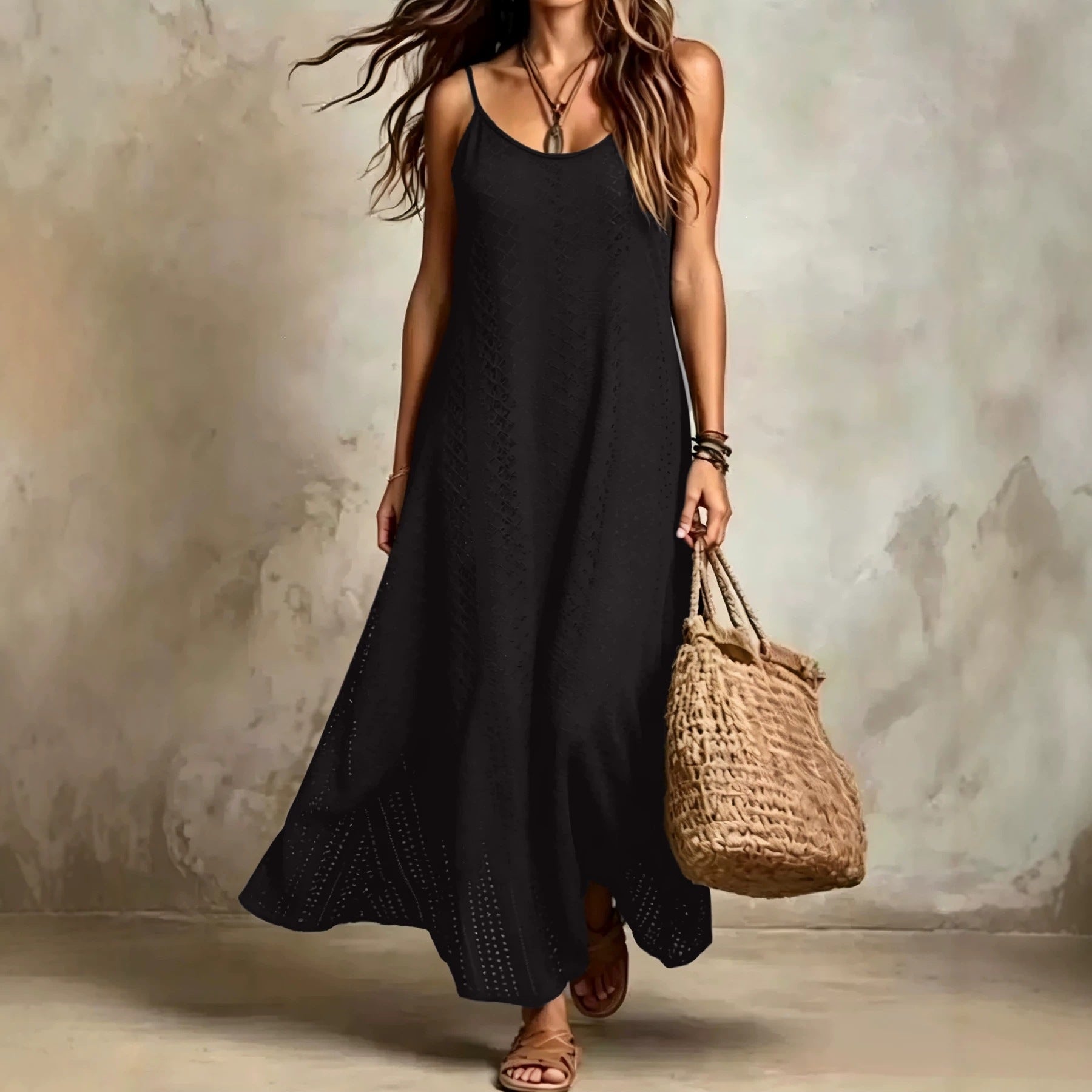 Style vacances bohème Solide couleur Spaghetti Sangle V-Neck Robe de femme avec un paresseux et R