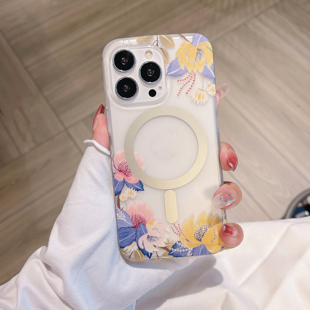 Aspiration magnétique Étui de téléphone de fleur transparent