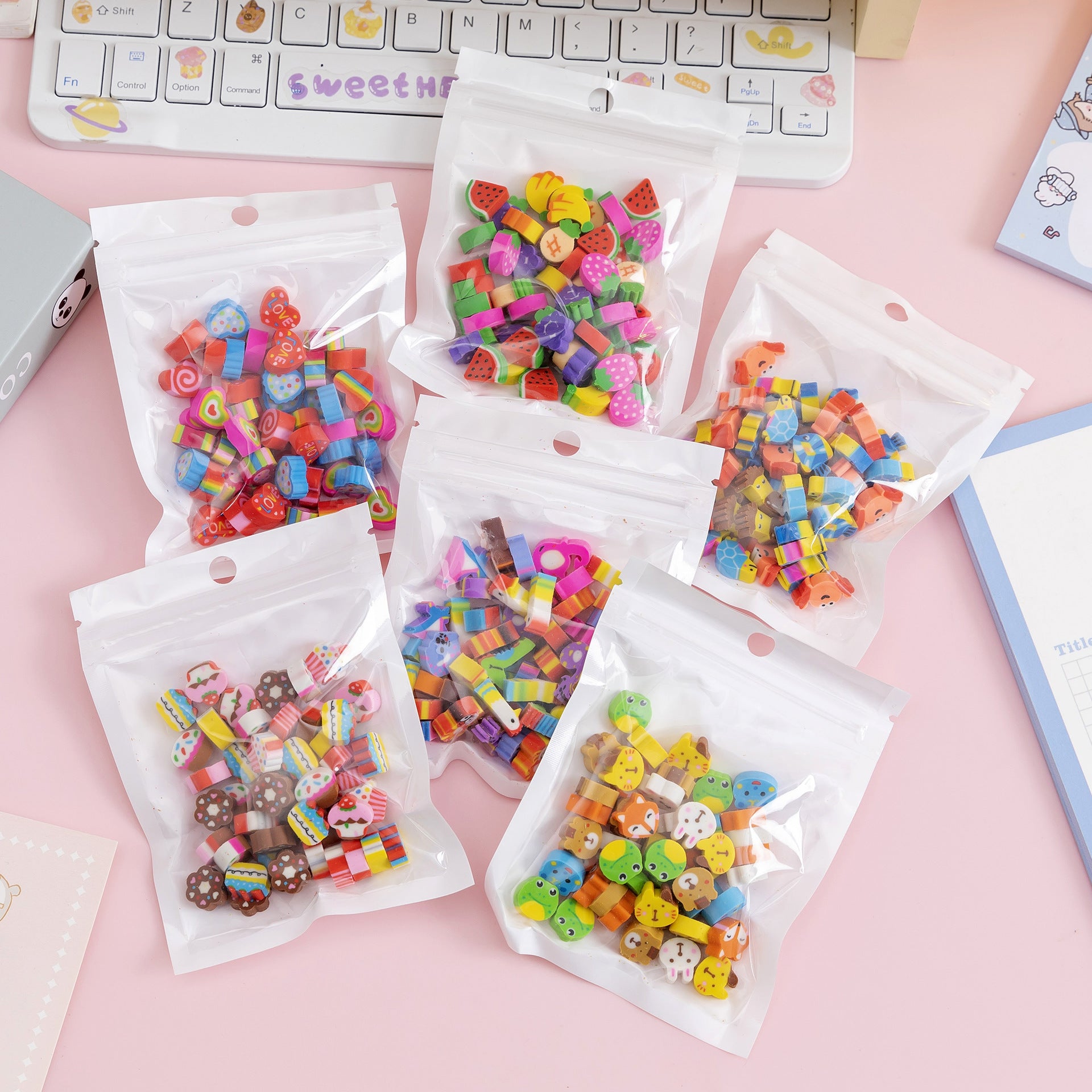 50 PCs Sacs de film perlescents Fruit Cartoon Mini Eraser